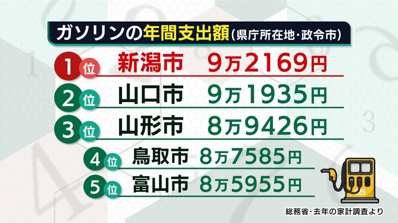 ガソリンの年間支出額（県庁所在地・政令市）