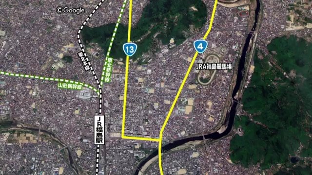 福島県福島市の国道4号と国道13号（Googleマップ）