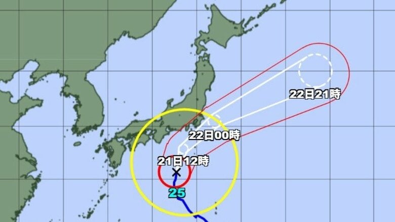 【台風情報】大型で強い台風25号の進路予想　21日午前0時には日本の南にあって中心気圧970ヘクトパスカル　22日午前0時には千葉県銚子市の東約110キロに達する予想｜FNNプライムオンライン
