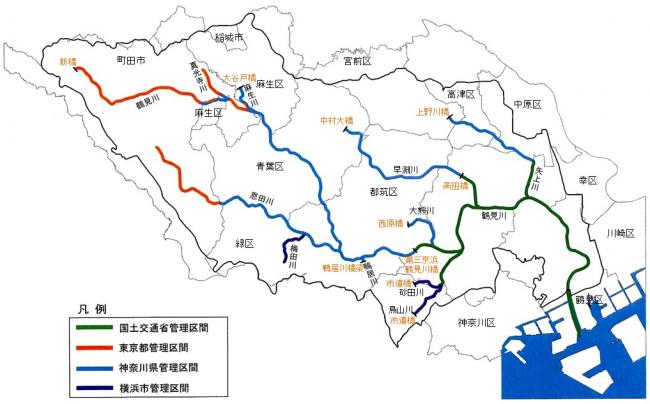 鶴見川は東京都と神奈川県を流れる（地図：神奈川県ＨＰより）