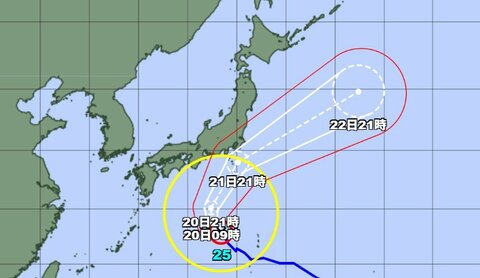 【台風情報】大型で強い台風25号の進路予想　19日午後9時現在、日本の南にあって毎時25キロで北北西へ　中心気圧970ヘクトパスカル、中心付近の最大風速35メートル、最大瞬間風速50メートル