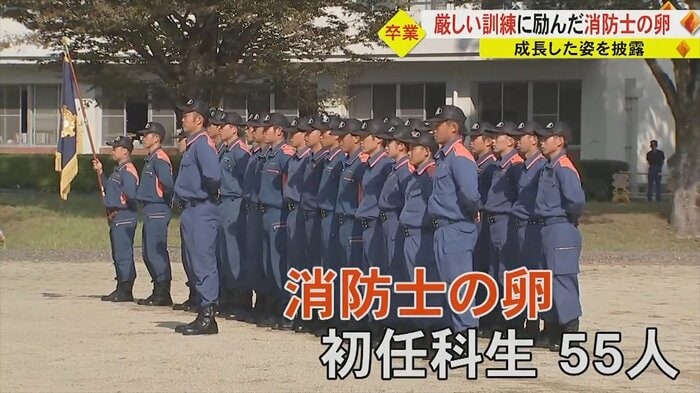グランドに並ぶ初任科生55人