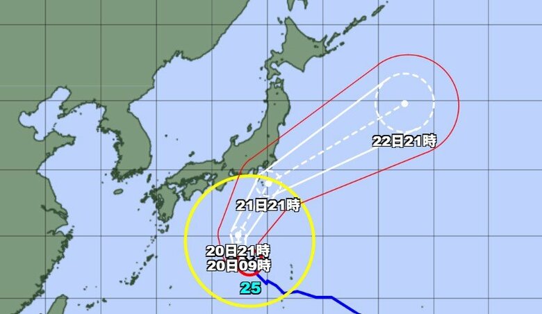 【台風情報】大型で強い台風25号の進路予想　19日午後9時現在、日本の南にあって毎時25キロで北北西へ　中心気圧970ヘクトパスカル、中心付近の最大風速35メートル、最大瞬間風速50メートル｜FNNプライムオンライン