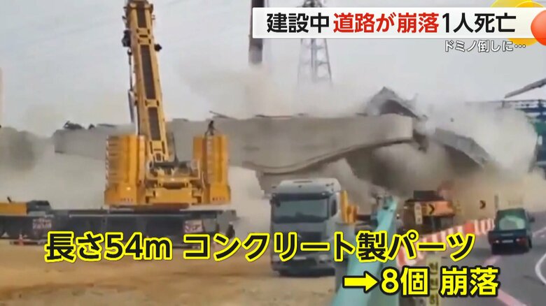 【衝撃の瞬間】建設中の道路が崩落　長さ54ｍの巨大パーツが“ドミノ倒し”に…次々と倒壊　作業員1人が死亡　韓国｜FNNプライムオンライン