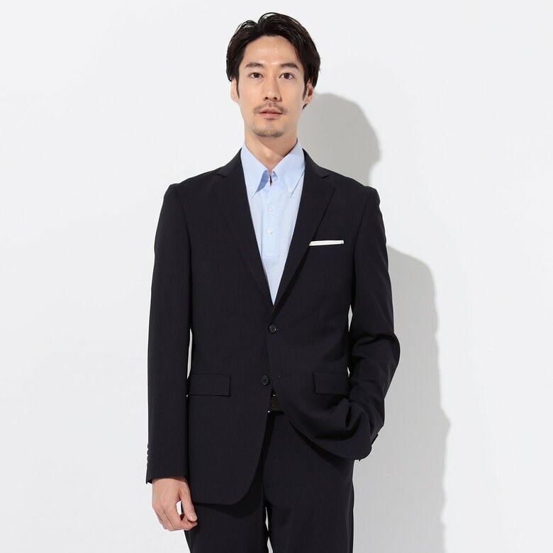 「洗えるストレッチ 背裏洗濯ネット付き 紺シャドーストライプ COOL 2パンツ スーツ 夏」