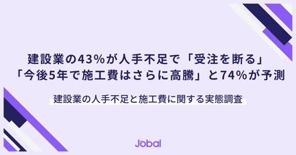 建設業の43％が人手不足で「受注を断る」「今後5年で施工費はさらに高騰」と74％が予測