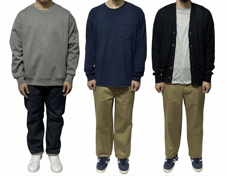 ベージュ、グレー、ネイビーを2～3色組み合わせればダサく見えにくい（特集班撮影）