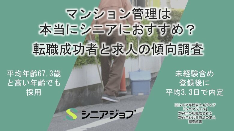 マンション管理はやはりシニアにおすすめ、平均67.3歳・登録後3.3日で内定