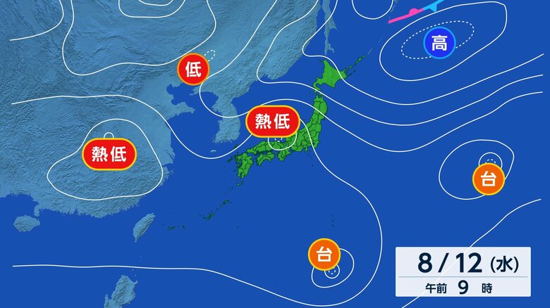 列島周辺には台風や熱帯低気圧が多数存在し雨雲が作り出される状況