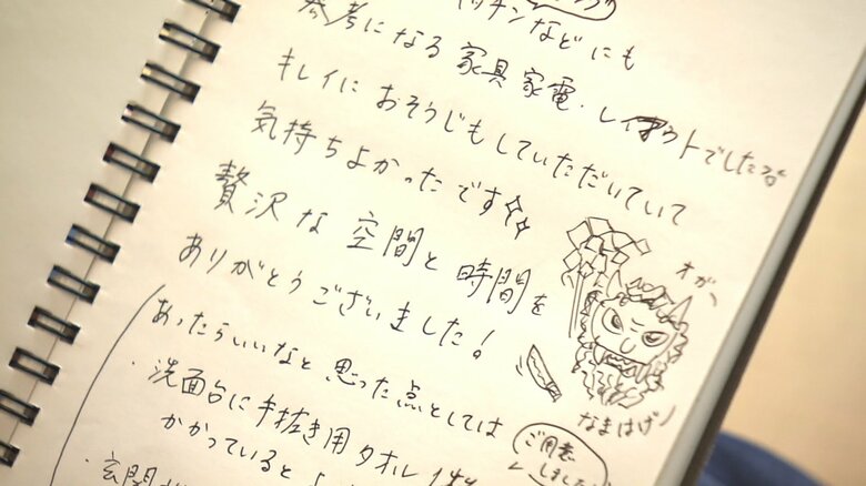 メッセージがびっしり書かれた宿泊ノート