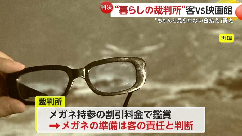 メガネ持参による割引料金で鑑賞していたことから、正しいメガネの準備は客の責任と判断された判決の再現イメージ