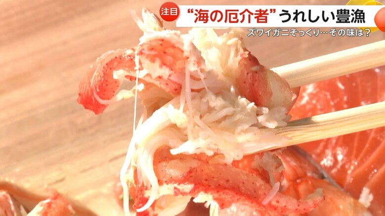 「かめばかむほどカニの味が口いっぱいに広がっておいしい」と試食した番組スタッフ