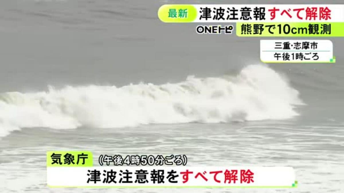 熊野市で10cmを観測…三重県南部などに発表されていた津波注意報は全て