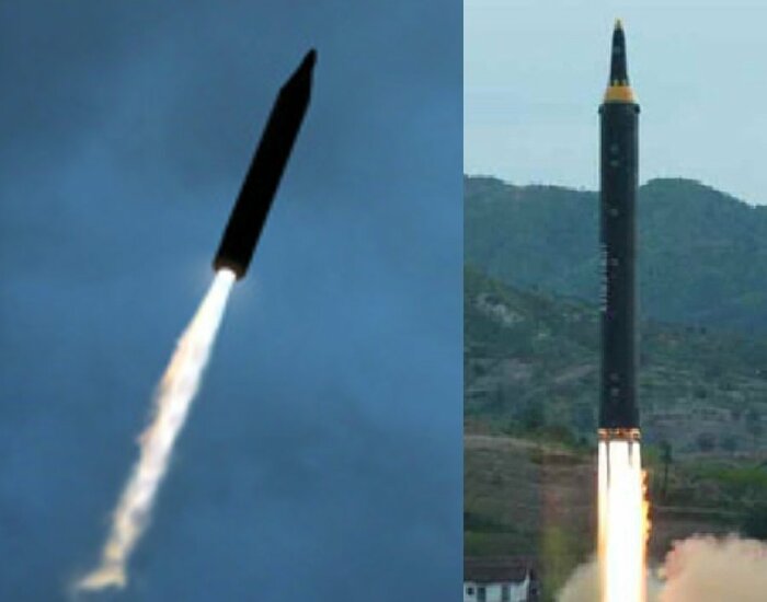 新型地対地 中長距離弾道ミサイル(左)は噴射炎が1つ。従来の火星12型弾道ミサイルはメインの噴射炎の他にバーニア(小型噴射口)の噴射炎が4つ見える(資料)