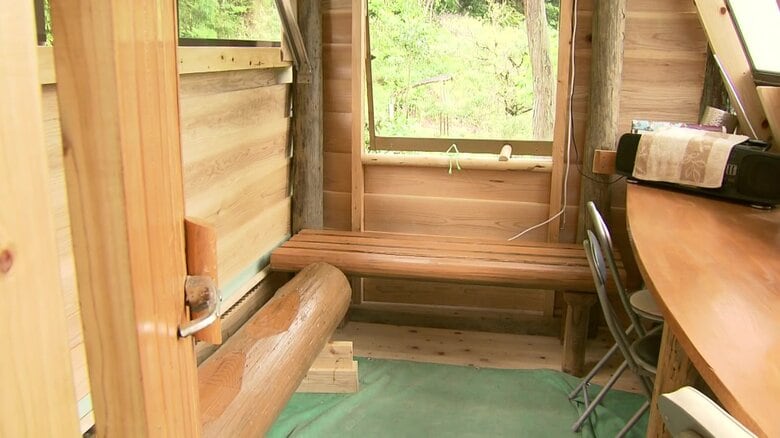 木が貫通しているツリーハウスの内部。3畳ほどありくつろげる