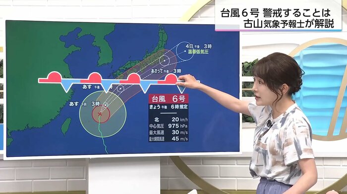 （梅雨前線と台風6号の影響を解説する古山気象予報士）