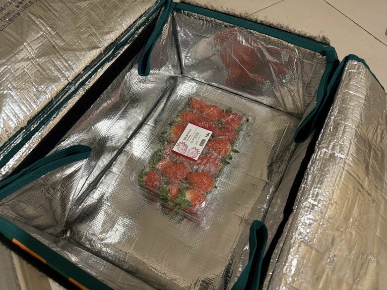 保冷用バッグに入って届いたイチゴ