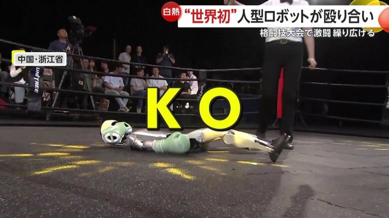 ピンクの選手の腕が相手に絡まり体勢を崩してダウンし、KO決着となった試合