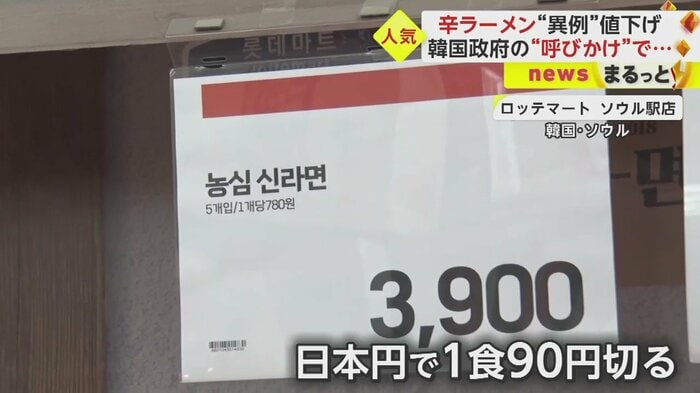 辛ラーメンの特設コーナーがあり、5食分で3900ウォンの表示が(日本円で1食90円以下)