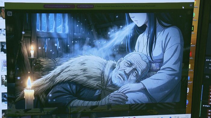 雪女が息を吹きかけ男性を凍りつかせるシーン