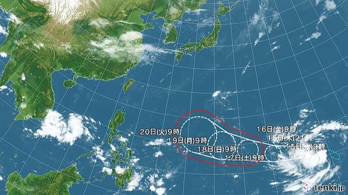熱帯低気圧の進路予想図(日本気象協会tenki.jpより)