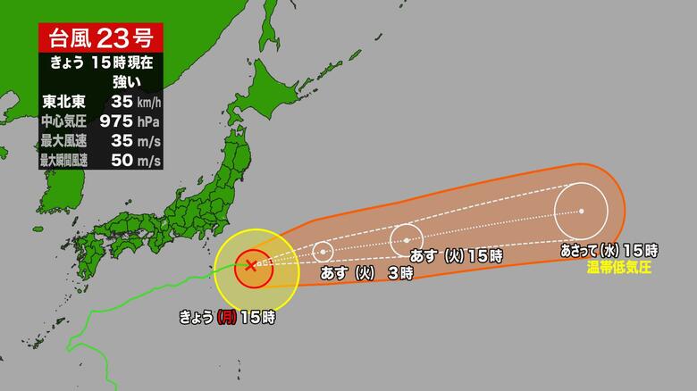 【強い台風】23号“ナクリー”八丈島東を時速35キロで東北東へ進行中 最大瞬間風速は50メートル 伊豆諸島から遠ざかるもうねりを伴う6メートルの高波に警戒 土砂災害にも注意を【気象庁発表】｜FNNプライムオンライン