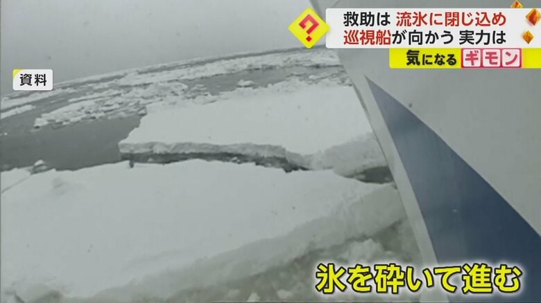 氷を砕いて進む巡視船「てしお」
