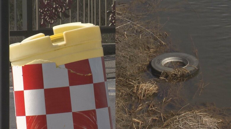 タイヤが当たった中央分離帯のポッド／川に落ちたタイヤ