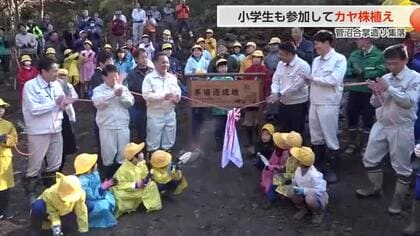 世界遺産30周年記念　富山・五箇山の合掌造り集落で小学生120人がカヤの株植えに挑戦