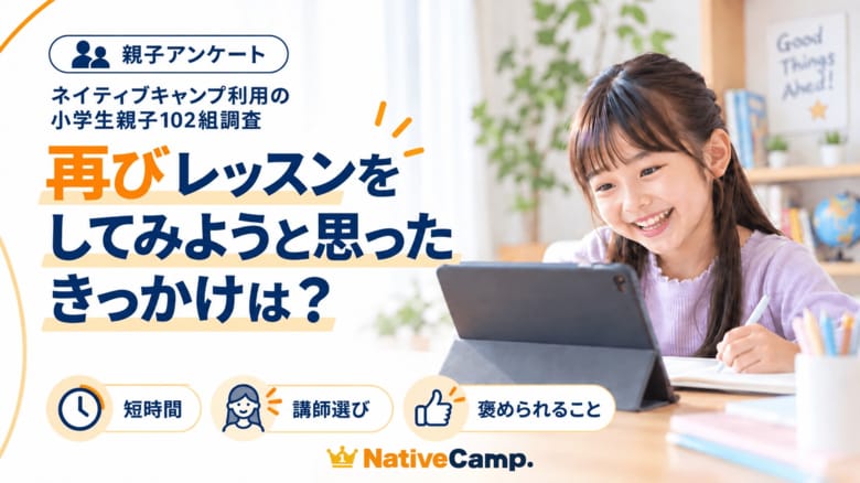 【ネイティブキャンプ利用の小学生親子102組調査】再びレッスンをしてみようと思ったきっかけに「短時間」「講師選び」「褒められること」