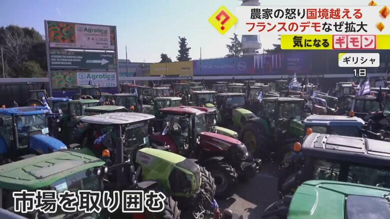 ギリシャで市場を取り囲んで抗議する車