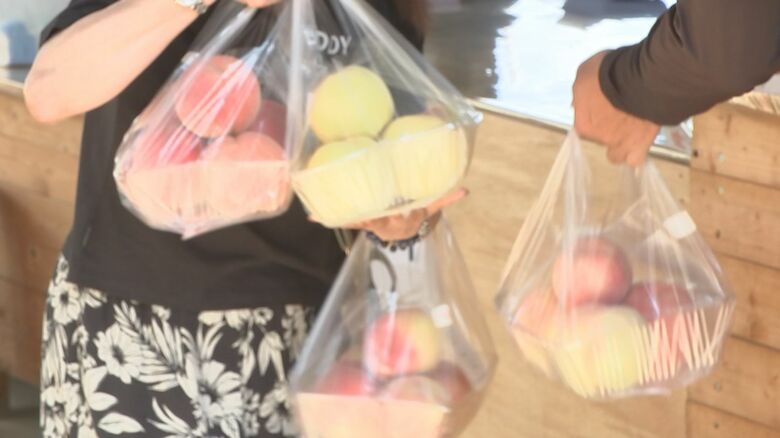 直売所では採れたてのモモをめあてに多くの客