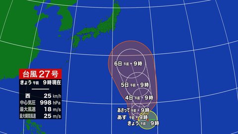 【台風情報】台風27号が発生　次第に勢力を強めて来週はじめ頃に「強い勢力」で小笠原諸島付近に　2日以降は進路を変えて北上