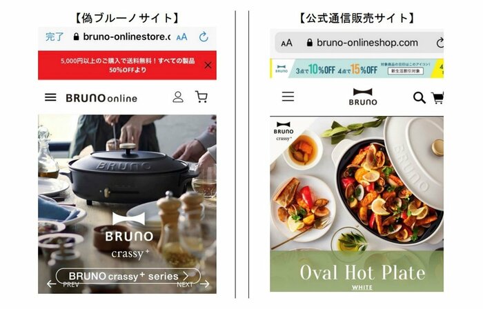 BRUNO 左が偽サイト(提供:消費者庁)