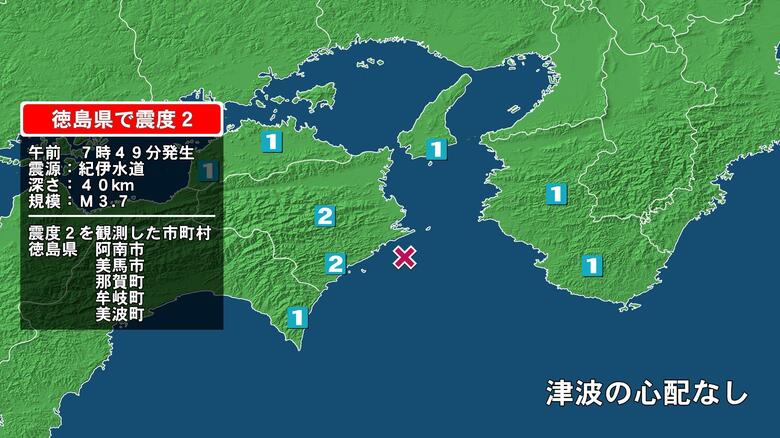 徳島県で最大震度2の地震　徳島県・美馬市、阿南市、那賀町、牟岐町、美波町｜FNNプライムオンライン
