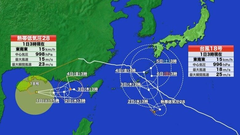 【台風情報】台風のたまご　熱帯低気圧の予想進路　1日にも台風に発達へ　沖縄・奄美に接近か　海外の一部の予測モデルでは本州直撃予想　静岡県は雨やうねり注意　復活した台風18号は影響なさそう｜FNNプライムオンライン