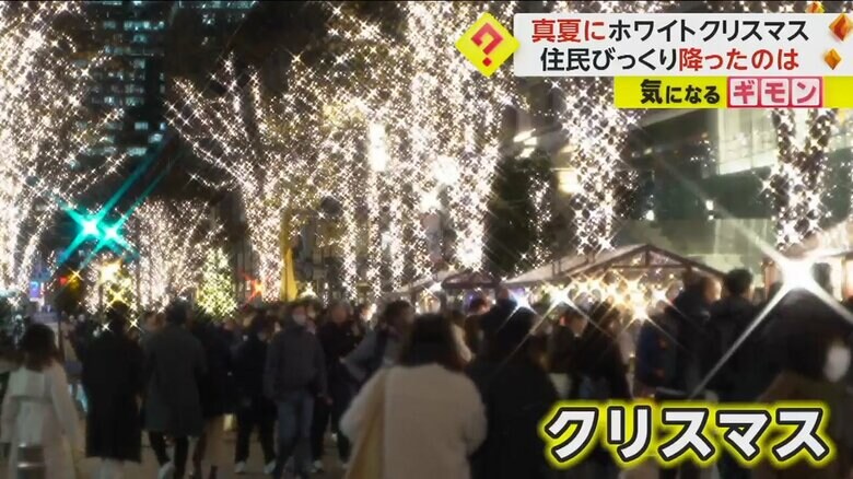 街路樹のイルミネーションと、行き交う多くの人