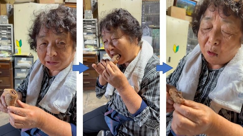 「中入ってないよ」と言うも食べ進めると…口元にチョコを付けて「おいしい！」