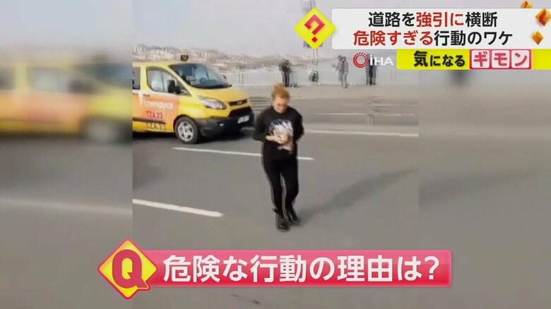 道路を横断し、小走りで歩道に戻ってくる女性