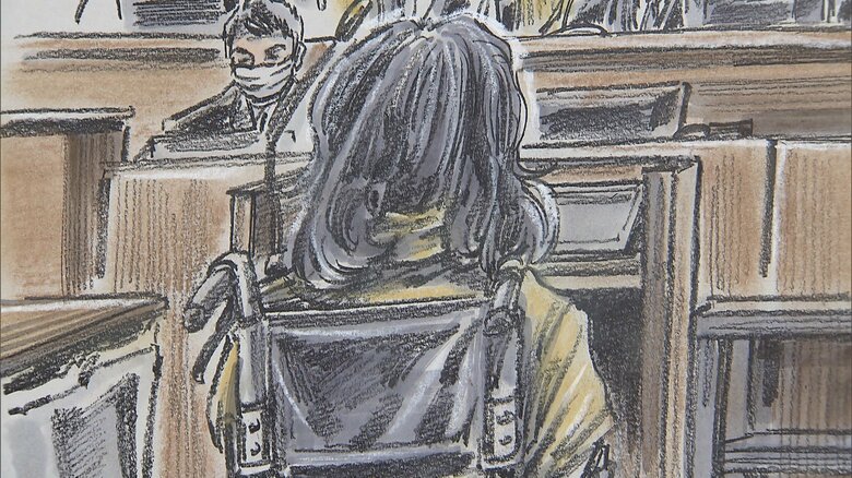 最後に裁判長から、「服役生活の中で、２人の冥福を祈りながら罪を償うことを求めます」と諭されると、大橋被告は、ハンカチで涙をぬぐった（イラスト:石井克昌）