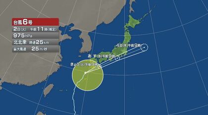 【台風情報】台風6号の進路予想は　3日には西日本から東日本の太平洋側にかなり接近するおそれ　台風と前線の影響で断続的に猛烈な雨や非常に激しい雨　九州南部と四国地方では2日、線状降水帯が発生の可能性