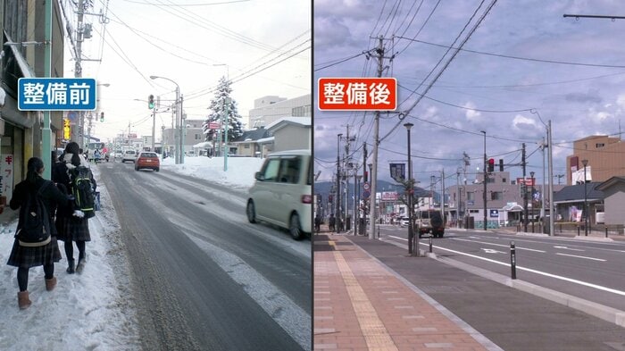 大館市が事業費の約半分を負担して歩道を整備した大館橋につながる道路