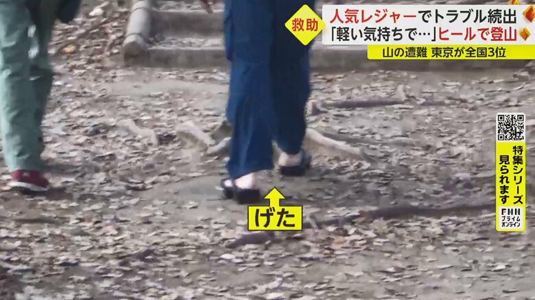 げたを履いて登山道を上る男性