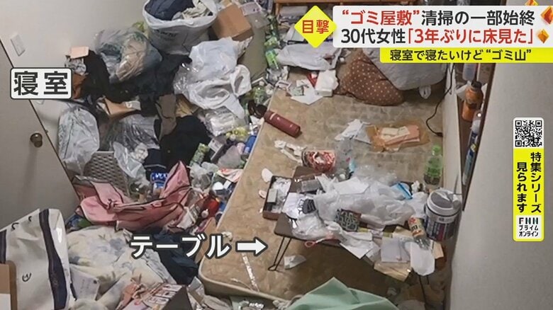 ベッドの上までゴミが散らかっている　今はリビングのソファで寝ているという
