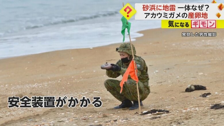 自衛隊が発見された地雷を調べている様子