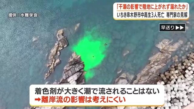 蛍光色の着色剤をまき、潮の流れを調査した