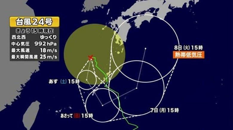 【台風情報】台風24号が迷走 沖縄本島の南を旋回、8日に熱帯低気圧に変わる見込み 線状降水帯のおそれも 今後の気象警報に注意を 天気全般の最新情報|FNNプライムオンライン
