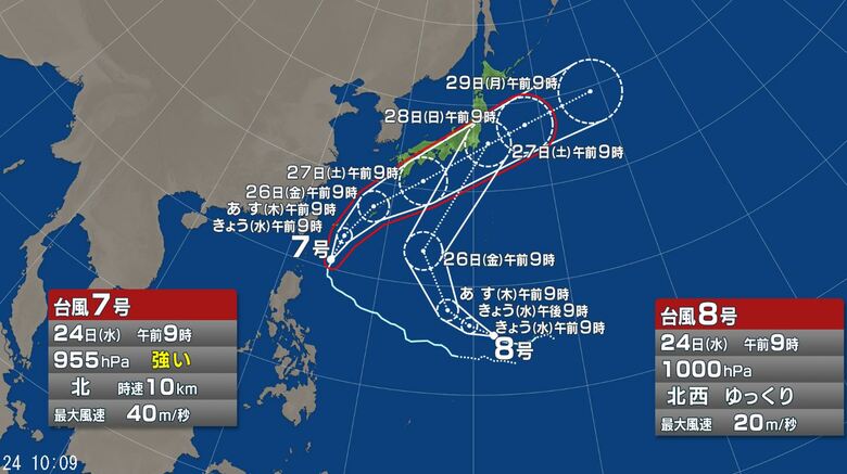【台風情報】ダブル台風の進路予想は　台風8号が7号より先の27日に東海から関東に接近するおそれ　7号は26日には沖縄本島近海に進む見通し｜FNNプライムオンライン
