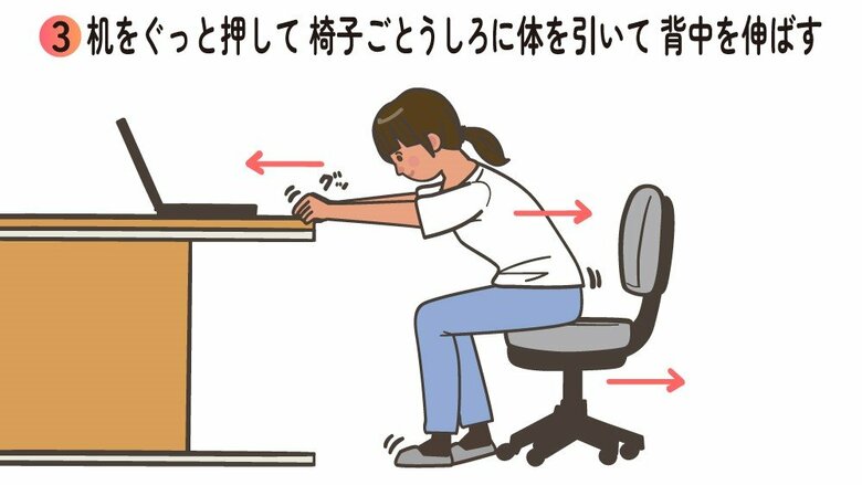 机を押して背中を伸ばしてみよう