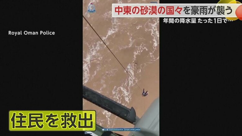 ヘリから降下した救助隊員が濁流にのまれた人を救助する一部始終